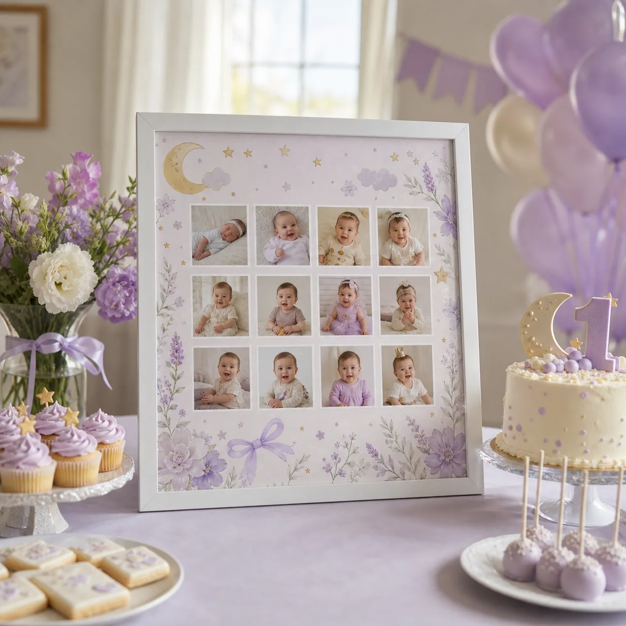 A printed first birthday poster displayed on a party table
