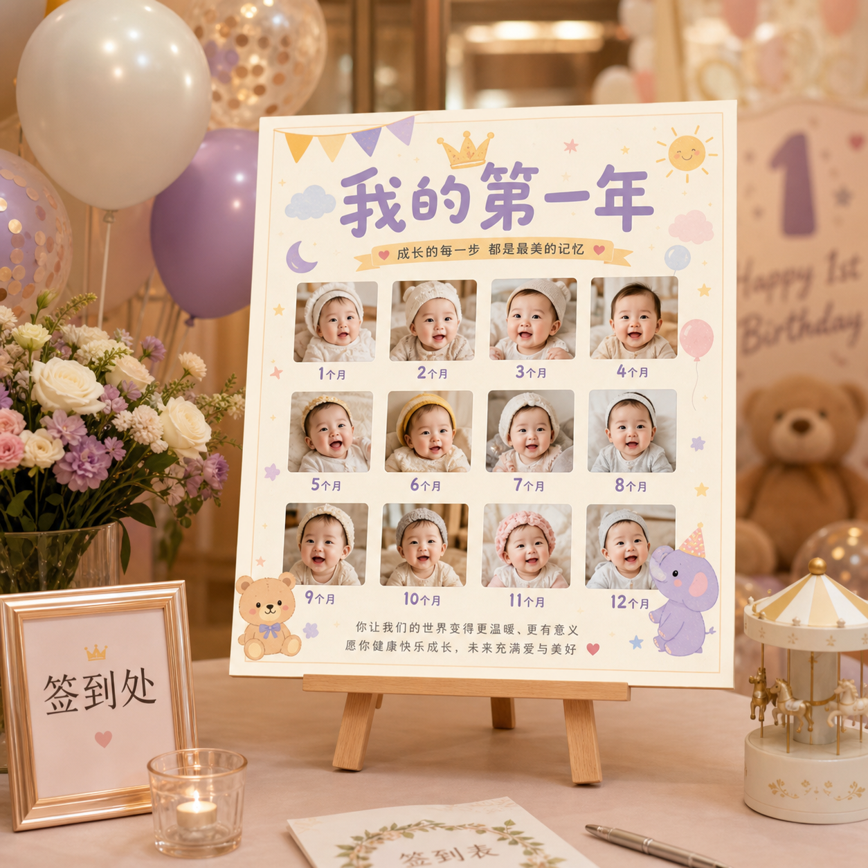 周岁宴签到台上的宝宝成长海报